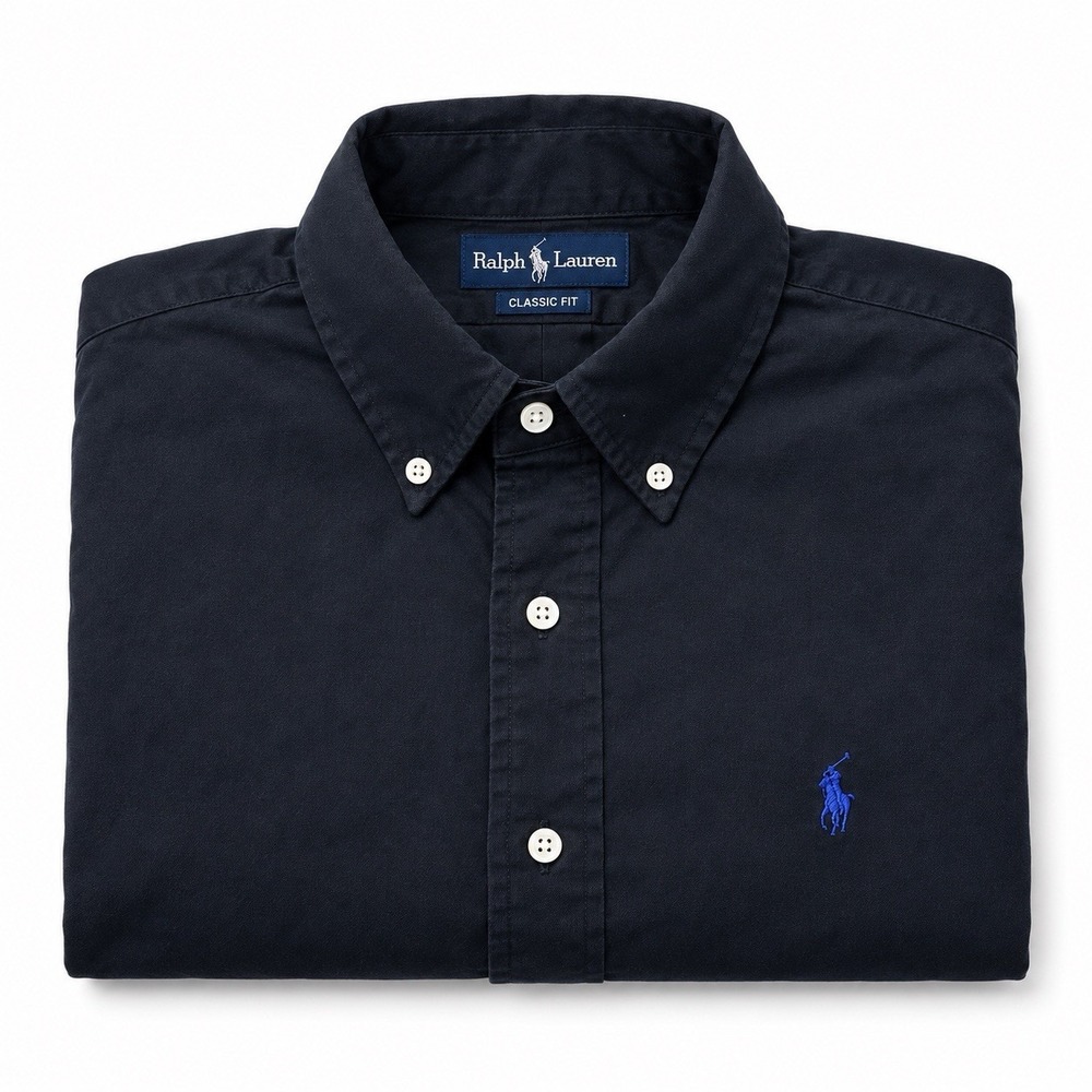 Ralph Lauren Silk Cotton Mens XL Long Sleeve Button Down Shirt Black Blue Pony